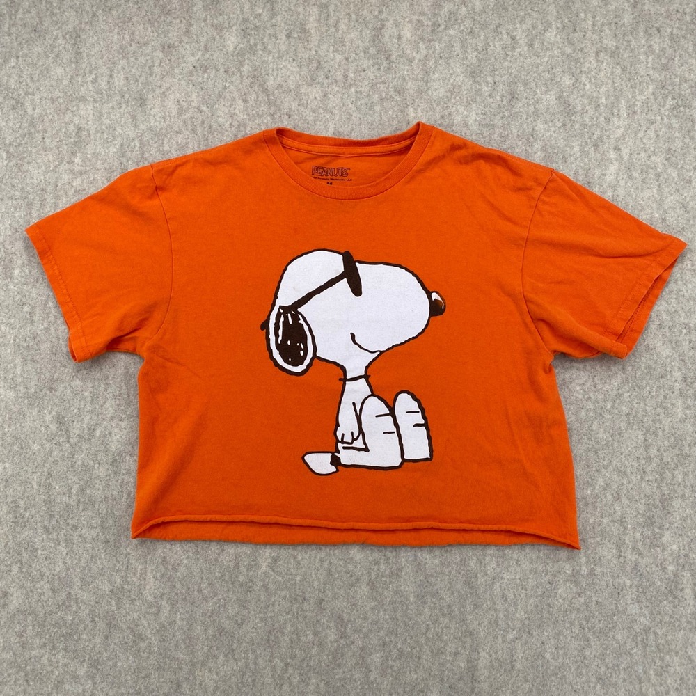 Peanuts Snoopy Joe Cool Orange Graphic Crop T-Shirt Womens Medium Raw Hem